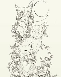 three cats sitting on top of each other in front of the moon and flowers with roses around them