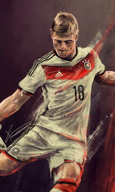 a painting of a soccer player kicking the ball