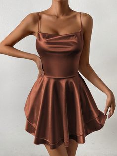 Women's Summer Solid Color Ruffle Draped Neck Hem Elegant Camisole Dress Coffee Brown Sexy  Sleeveless Knitted Fabric Plain Cami High Stretch  Women Clothing, size features are:Bust: ,Length: ,Sleeve Length: Brown Dress Hoco, Fall Wedding Guest Dress Short, Light Brown Satin Dress, A Night In Paris Theme Dresses Homecoming, Brown Ruffle Dress, Cute Brown Dress, Dress Semi Formal, Elegant Brown Dress, Brown Birthday Outfit