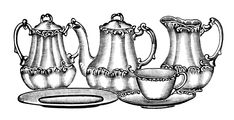 an old fashion tea set with saucer and cup, vintage line drawing or engraving illustration