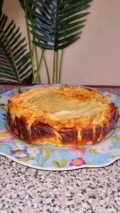 a baked dish sitting on top of a blue and white plate next to a potted plant