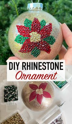 a hand holding a christmas ornament with the words diy rinestone on it