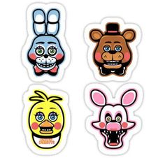 four stickers with different colored faces and animals on the front, one is wearing a hat