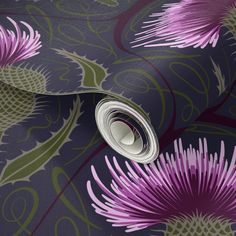 purple and green floral wallpaper with an abstract design on the bottom half of it