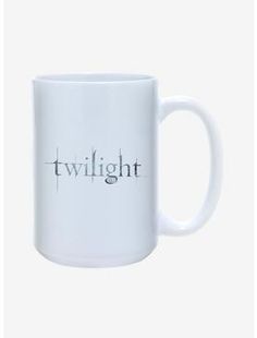 a white mug with the twilight logo on it