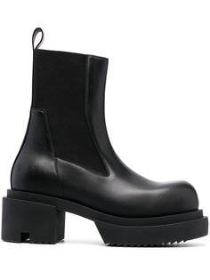 jet black calf leather smooth grain branded leather insole pull-tab at the heel round toe slip-on style platform sole 75mm mid heel Rick Owens Boots, Black Chelsea Boots, Balenciaga Triple S, Derby Shoes, Espadrille Shoes, Black Leather Boots, Mid Heel, Party Shoes, Grunge Fashion