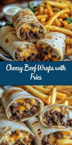 cheese beef wraps with fries on a plate and in the background, there is an image of