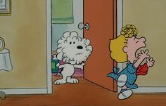 an image of a cartoon dog looking at another dog in the door to their house