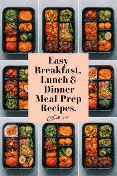 six meal prep containers with the words easy breakfast, lunch & dinner meal prep recipes