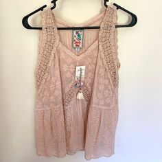 Brand New, Never Worn, Still With Tags! Gorgeous Eyelet Tank Top By Johnny Was In A Women’s Xs The Color Was Hard To Capture In Photos But It’s A Cream/Blush Color! Looks Beautiful On, Great Bohemian Style Pink Feminine Lace Top, Feminine Pink Lace Top, Pink Bohemian Lace Top, Chic Pink Lace Top, Pink Lace Trim Top For Spring, Pink Lace Trim Top For Summer, Pink Lace Top For Beach, Chic Pink Lace Top For Summer, Pink Lace Trim Beach Top