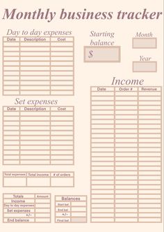 a printable business tracker is shown with the words, money and other items on it