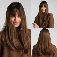 Natural Hair Wigs, Wig With Bangs, Brown Wig, Long Straight Hair, Long Wigs, Straight Wig, Soft Hair, Synthetic Wig, Wig Styles