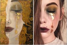 two pictures with different types of makeup and one has gold glitter on her eyeliners