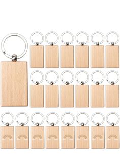 a set of wooden key chains and tags