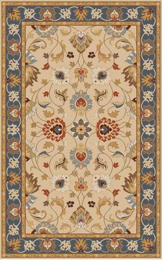 a beige rug with blue and red accents