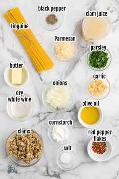 the ingredients to make pasta on a marble counter top