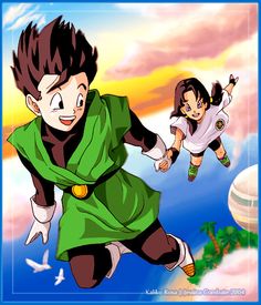 two anime characters flying through the air with one holding on to his arm and another running behind him