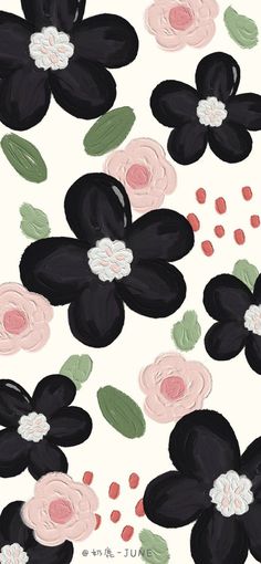 black and pink flowers with green leaves on a white background