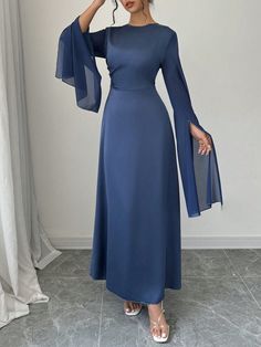 Elegant Charming Sexy Ruched Waist Dress Blue Elegant  Extra-Long Sleeve Fabric Plain A Line Non-Stretch  Women Clothing, size features are:Bust: ,Length: ,Sleeve Length: Gala Dress Modest, Jewish Women Outfit, Modest And Elegant Dresses, Long Modest Prom Dresses, Mid Dress Outfit Classy, Modest Fairytale Dress, Modest Long Dress, Free Long Gown, Long Sleeve Dress Formal Classy