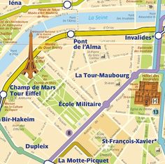 a map of paris with the eiffel tower on it's right side