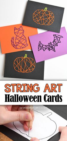 three halloween cards with the words string art on them