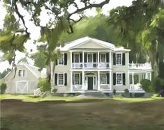 a painting of a large white house in the woods