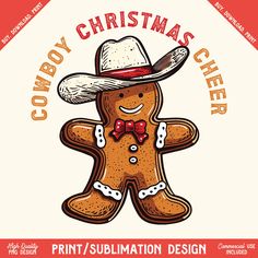 a ginger wearing a cowboy hat and bow tie with the words cowboy christmas cheer on it