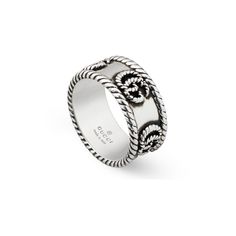 Style ‎627729 J8400 0701The House's emblematic monogram appears in a twisted, torchon design on this thin sterling silver ring. Expertly made and intricately designed, often with subtle nods to the House, Gucci's silver jewelry collection is presented in an array of contemporary and classic pieces.925 Sterling silver with aged finishEngraved torchon trim along the edgesBand with torchon Double GBand width: 9Size: 9.50Made in Italy New Zealand Jewellery, Gucci Rings, Gucci Jewelry, Gucci Gg Marmont, Sterling Silver Rings Bands, Luxury Rings, Detailed Ring, Ladies Diamond Rings, Gg Marmont