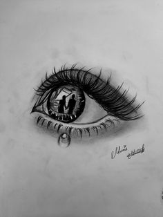 a drawing of an eye with the reflection of two people in it's iris