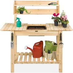 an image of a potting bench with flowers and watering equipment on it's shelf