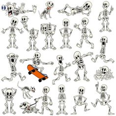 a bunch of skeletons with skateboards in their hands