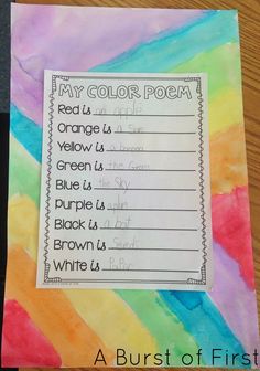 a colorful paper with writing on it and the words, my color poem written in different colors