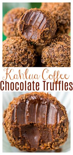 chocolate truffles are stacked on top of each other with the words kahlua coffee