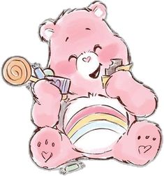 a pink teddy bear holding a candy bar