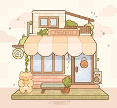 an illustration of a store front with a teddy bear sitting outside