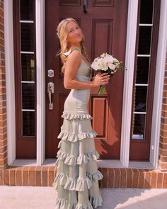 💚Knotted Sage Ruffles Tiedred Maxi Dress 💛Price: $128 DM for the dress link. Royal Ball Gowns, Ruffle Dresses, Ruffle Prom Dress, Satin Formal Dress, Green Mermaid, Prom Dresses Vintage, A Line Prom Dresses, Satin Prom Dress, Long Wedding Dresses