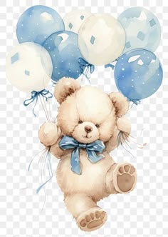 a brown teddy bear holding blue and white balloons, transparent background png clipart