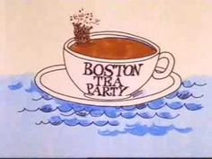 a drawing of a cup of tea with the words boston tea party on it