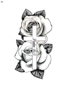 a cross and two roses tattoo design