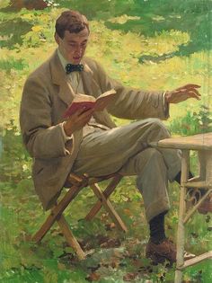 a painting of a man sitting in a chair reading a book while wearing a bow tie