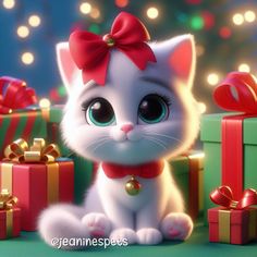 a white cat with a red bow sitting next to presents