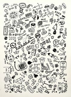 a black and white drawing of many different things