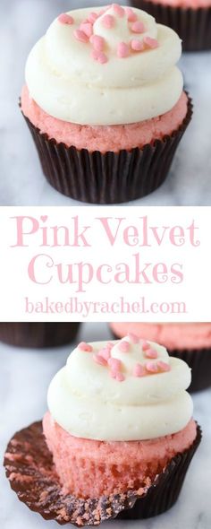 pink velvet cupcakes with white frosting and sprinkles on top