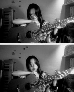 two pictures of a woman playing an acoustic guitar