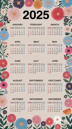 a calendar with colorful flowers on it and the date for each month in black lettering