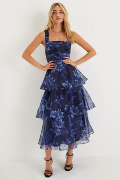 Dramatic Glamour Navy Blue Floral Organza Tiered Midi Dress Outdoor Wedding Guest Dresses, Floral Organza Dress, Wedding Guest Attire, Floral Cocktail Dress, Organza Dress, Rehearsal Dress, Guest Attire, Wedding Attire Guest, Cocktail Attire