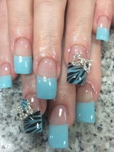 Short 2000s Nails, Y2k Junk Nails, Blue Zebra Print Nails, 2000s Nails Acrylic Y2k, Blue Nails Y2k, Y2k Nails Blue, Zebra Print Nails Designs, Blue Zebra Nails, Blue Y2k Nails