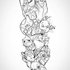 the lion king tattoo design is shown in black and white, with many different characters on it