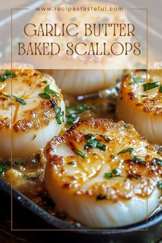 garlic butter baked scallops in a cast iron skillet with text overlay