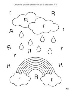 the letter r is for rain and rainbow coloring page with clouds, raindrops, and